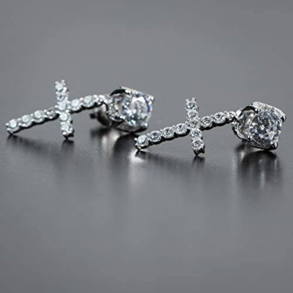 Mens Cross Drop Hanging Sterling Silver Cz Iced Stud Dangle Hoop Earrings - Picture 4 of 7